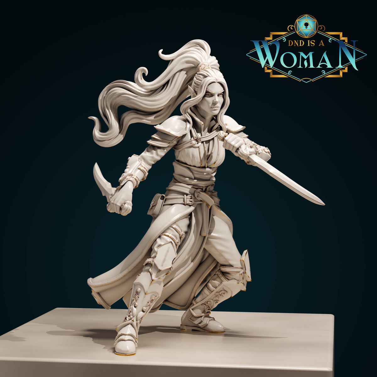 Air Genasi female rogue in a wide combat lunge, longsword extended in her right hand and a short blade raised in her left, wearing layered armour over a flowing split coat, long hair swept dramatically upward. Sculpt by DnD Is A Woman.