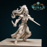 Air Genasi female rogue in a wide combat lunge, longsword extended in her right hand and a short blade raised in her left, wearing layered armour over a flowing split coat, long hair swept dramatically upward. Sculpt by DnD Is A Woman.