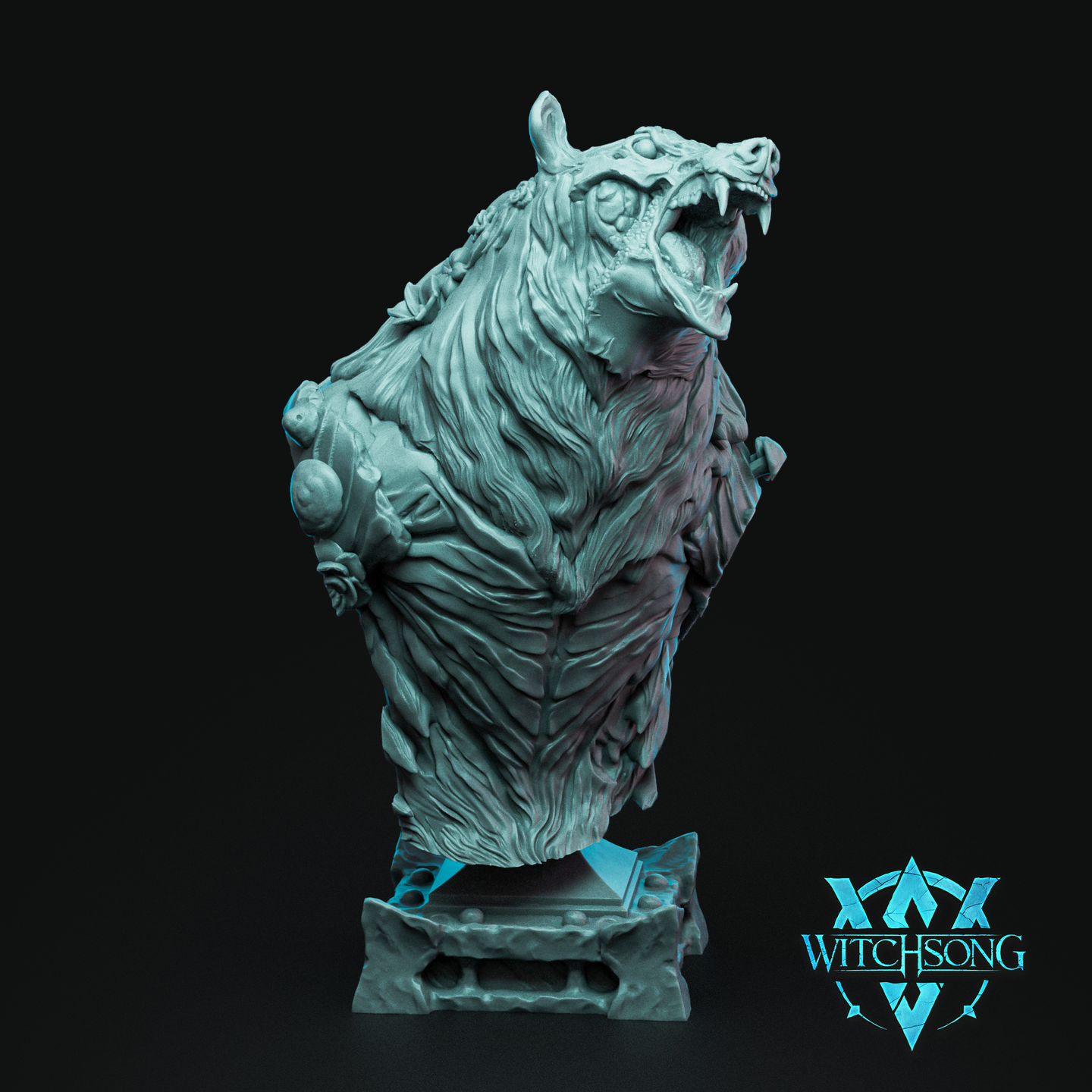 Digital render of Akros, Nyx's Roar — a large corrupted bear bust miniature by Witchsong Miniatures, shown unpainted in teal-grey resin. The bear's head is thrown back mid-roar with jaws wide open, revealing prominent fangs. Pustules and organic growths cluster across the fur and shoulders. Deep-carved fur striations and muscular detail cover the torso. The bust sits on a chunky angular base with riveted panelling. Witchsong Miniatures logo visible in the lower right corner.