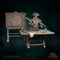 Bearded sea captain in a tricorn hat seated at a wooden chart table, holding a large quill pen, with scrolls and inkwells before him. A pinboard with papers stands behind. Sculpt by Great Grimoire.