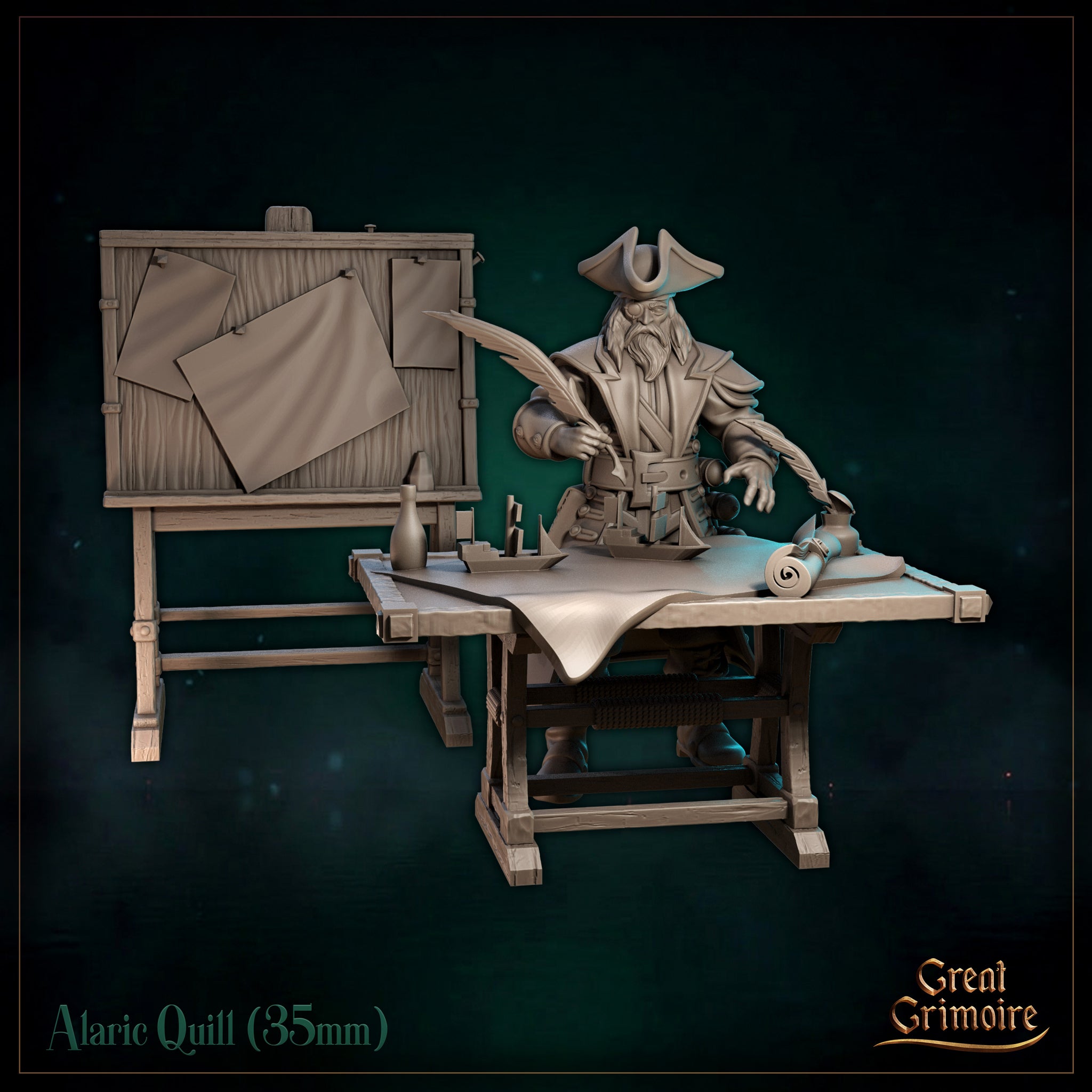 Bearded sea captain in a tricorn hat seated at a wooden chart table, holding a large quill pen, with scrolls and inkwells before him. A pinboard with papers stands behind. Sculpt by Great Grimoire.