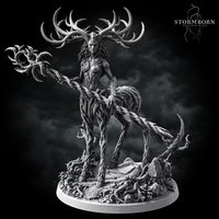 Aldara by Stormborn Collectibles — antlered fey figure formed from twisted bark and roots, holding a thorned staff outward, standing on a detailed base of exposed roots and cracked stone.
