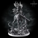 Aldara by Stormborn Collectibles — rear three-quarter view showing gnarled root-wrapped limbs, sweeping antlers, and clawed trailing appendages rising from a base of scattered stone and twisted roots.