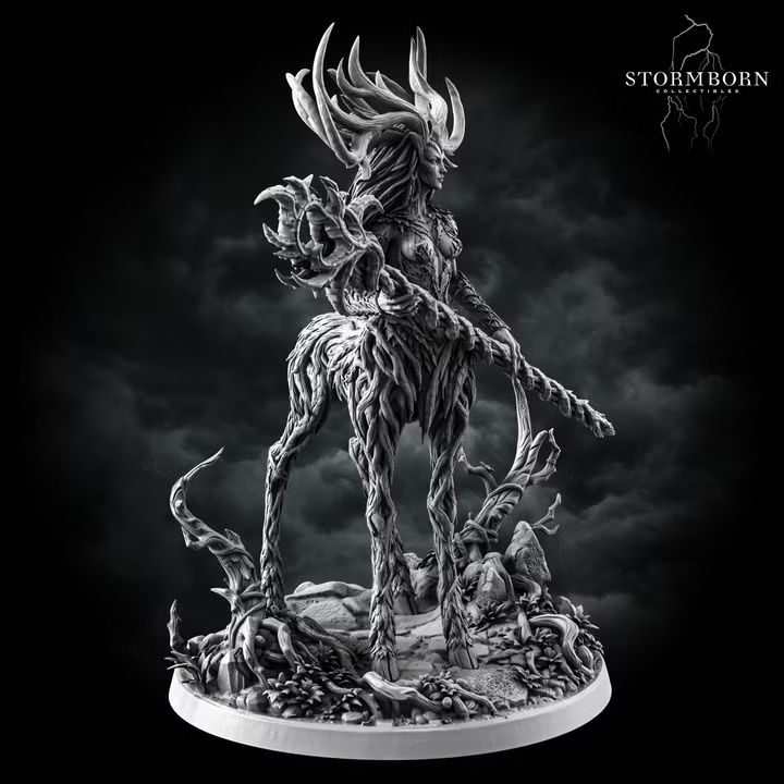 Aldara by Stormborn Collectibles — rear three-quarter view showing gnarled root-wrapped limbs, sweeping antlers, and clawed trailing appendages rising from a base of scattered stone and twisted roots.