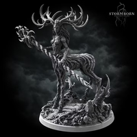 Aldara by Stormborn Collectibles — rear three-quarter view showing gnarled root-wrapped limbs, sweeping antlers, and clawed trailing appendages rising from a base of scattered stone and twisted roots.