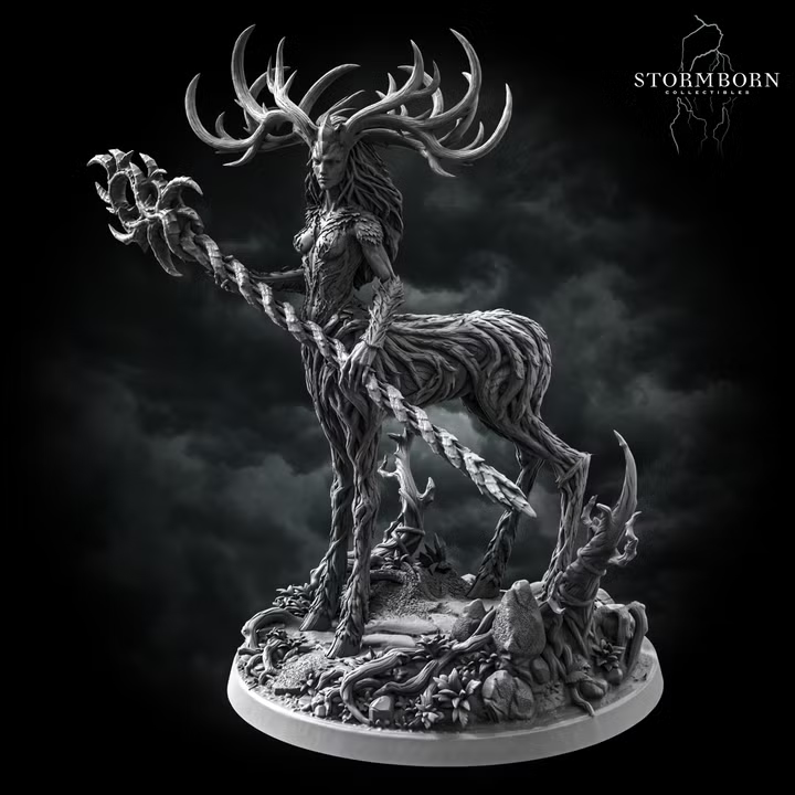 Aldara by Stormborn Collectibles — rear three-quarter view showing gnarled root-wrapped limbs, sweeping antlers, and clawed trailing appendages rising from a base of scattered stone and twisted roots.