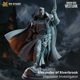 Rear view of an inquisitor miniature showing an expansive woven-texture cape caught mid-billow, with a pistol raised above the head and a rubble-strewn base visible below. Sculpt by DM Stash.