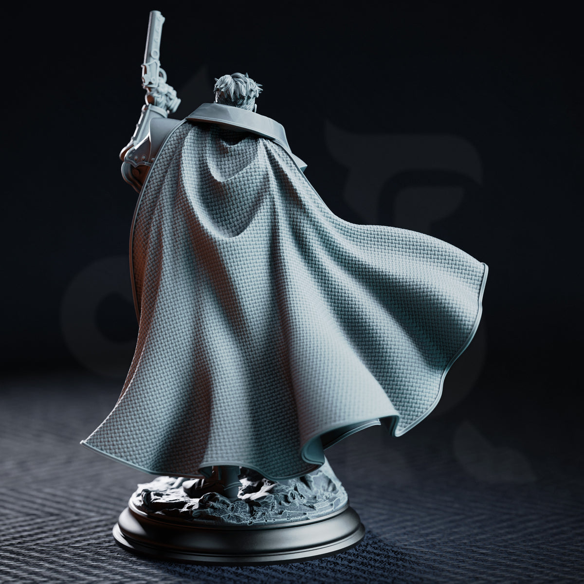Male investigator figure in layered armour and a long coat with skull-decorated pauldrons and belt, holding a flintlock aloft, on a debris-covered scenic base. Sculpt by DM Stash.