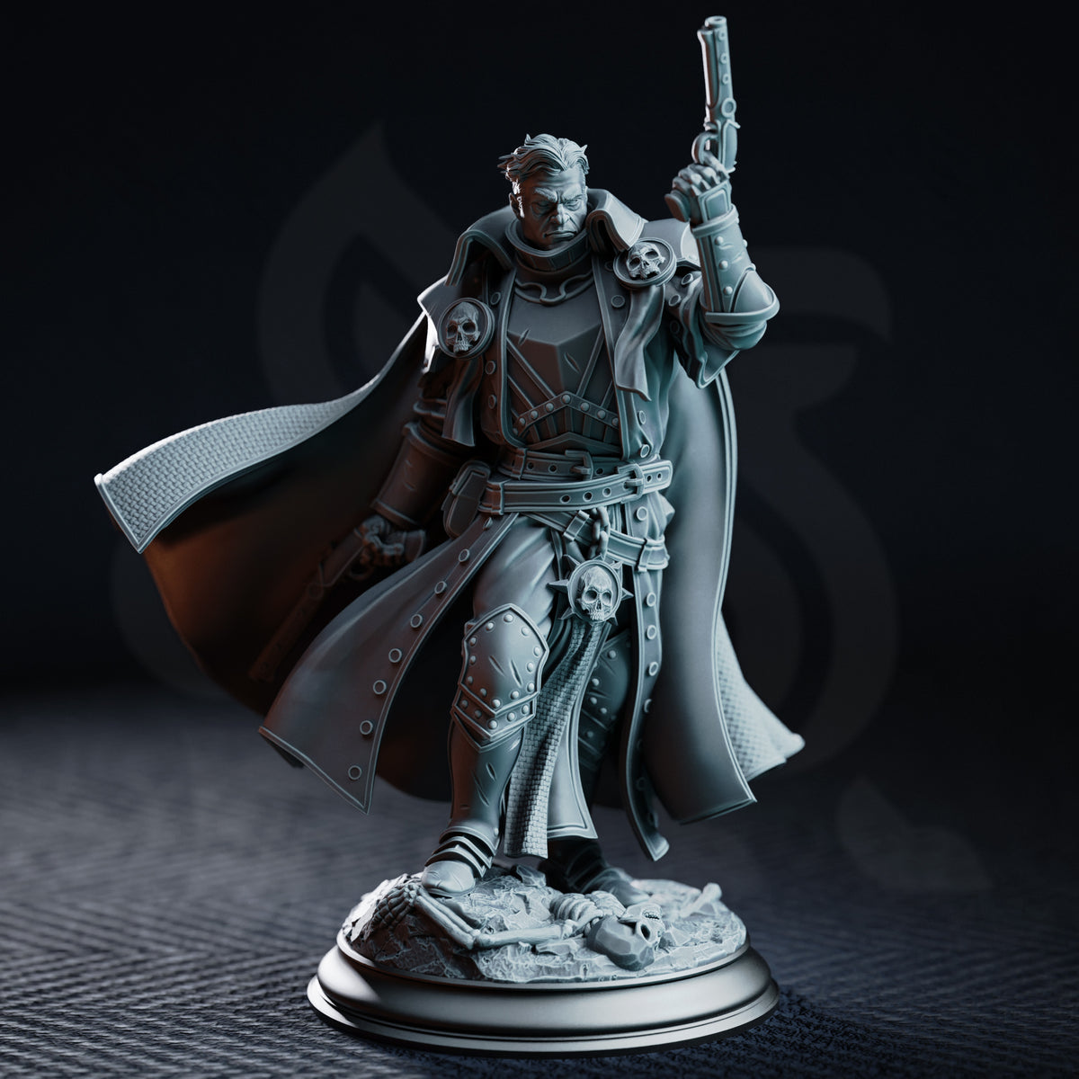 Grim male inquisitor raising a flintlock pistol overhead, wearing a billowing coat adorned with skull medallions, standing on a rubble-strewn base. Sculpt by DM Stash.