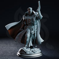 Grim male inquisitor raising a flintlock pistol overhead, wearing a billowing coat adorned with skull medallions, standing on a rubble-strewn base. Sculpt by DM Stash.