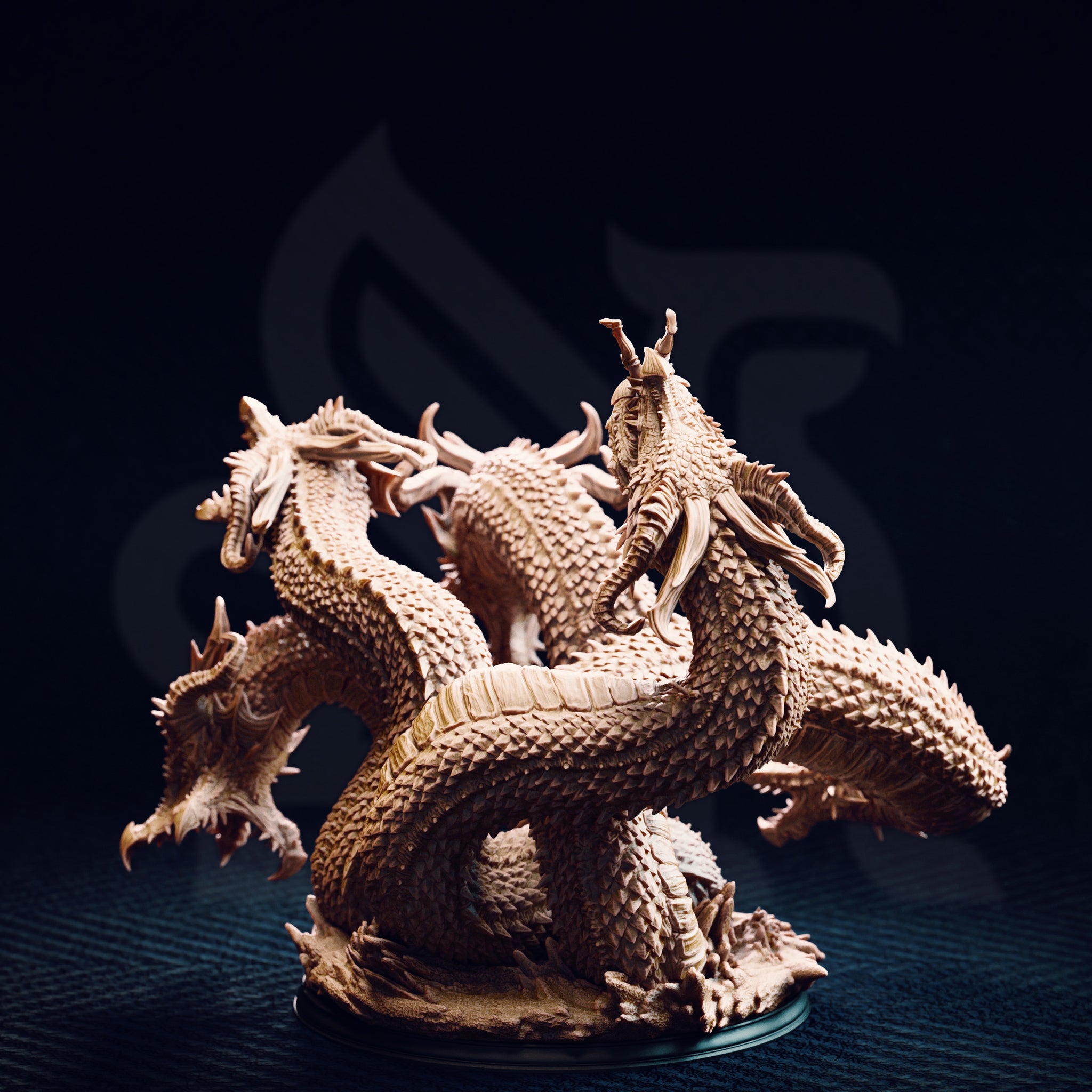 Unpainted resin miniature of Algaira the Hydra of the Shifting Dunes, rear three-quarter view — highlighting the interlocking scale texture across the body and necks, multiple heads at different heights and angles, and the sweeping coiled tail extending to one side
