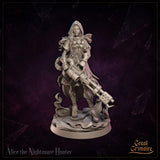 Alice the Nightmare Hunter by Great Grimoire — hooded female warrior in etched plate armour bearing a club emblem, holding a large arcane multi-barrelled cannon. Wispy dark tendrils curl around her scenic base.