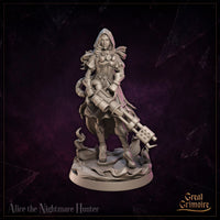Alice the Nightmare Hunter by Great Grimoire — hooded female warrior in etched plate armour bearing a club emblem, holding a large arcane multi-barrelled cannon. Wispy dark tendrils curl around her scenic base.