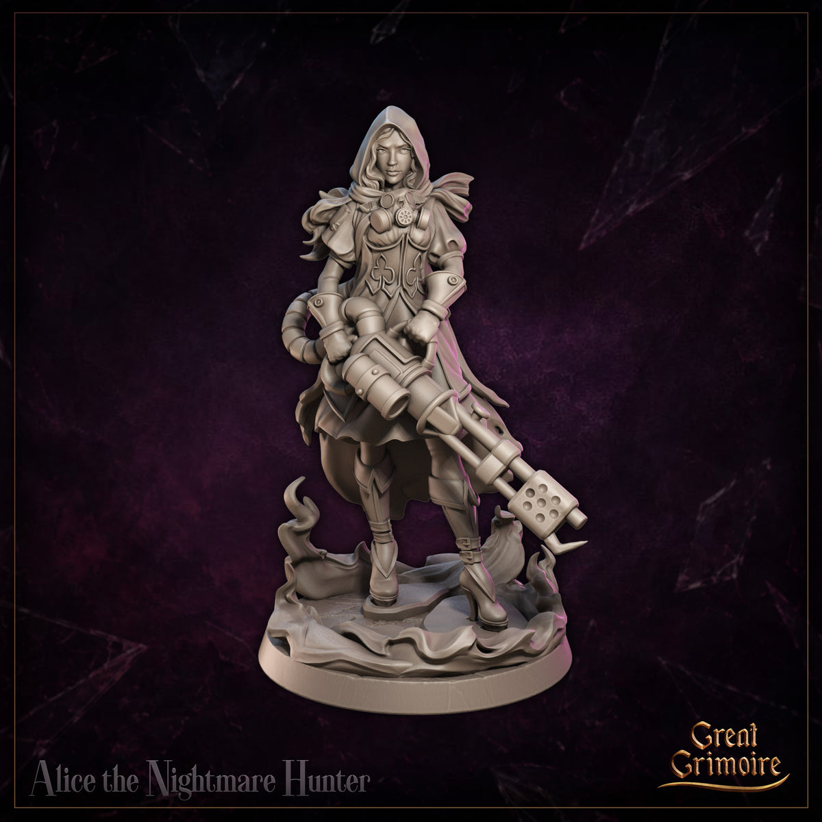 Alice the Nightmare Hunter by Great Grimoire — hooded female warrior in etched plate armour bearing a club emblem, holding a large arcane multi-barrelled cannon. Wispy dark tendrils curl around her scenic base.