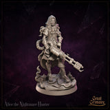 Alice the Nightmare Hunter by Great Grimoire — rear view showing a long flowing cloak with a ragged hem, hair spilling from beneath the hood, and the cannon barrel visible at her side over a base of sculpted dark tendrils.