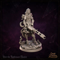 Alice the Nightmare Hunter by Great Grimoire — rear view showing a long flowing cloak with a ragged hem, hair spilling from beneath the hood, and the cannon barrel visible at her side over a base of sculpted dark tendrils.
