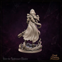 Alice the Nightmare Hunter by Great Grimoire — close three-quarter view from the front with hood down showing the full face, fleur-de-lis chest armour detail, layered pauldrons, and the heavy arcane cannon carried at her hip.