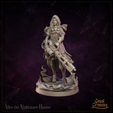 Alice the Nightmare Hunter by Great Grimoire — close three-quarter view from the front with hood down showing the full face, fleur-de-lis chest armour detail, layered pauldrons, and the heavy arcane cannon carried at her hip.