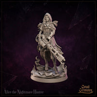 Alice the Nightmare Hunter by Great Grimoire — close three-quarter view from the front with hood down showing the full face, fleur-de-lis chest armour detail, layered pauldrons, and the heavy arcane cannon carried at her hip.