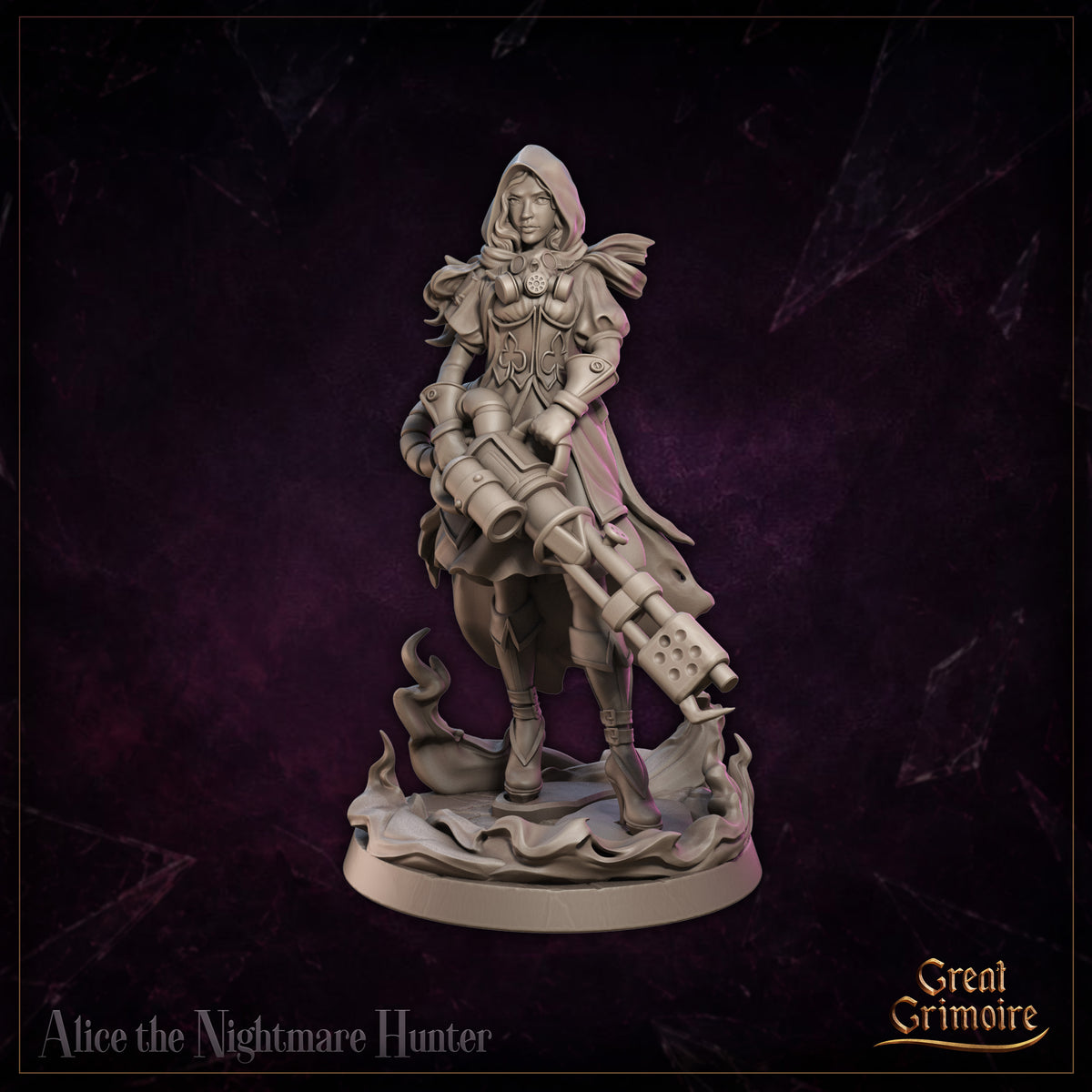 Alice the Nightmare Hunter by Great Grimoire — close three-quarter view from the front with hood down showing the full face, fleur-de-lis chest armour detail, layered pauldrons, and the heavy arcane cannon carried at her hip.