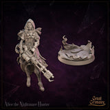 Alice the Nightmare Hunter by Great Grimoire — close three-quarter view from the front with hood down showing the full face, fleur-de-lis chest armour detail, layered pauldrons, and the heavy arcane cannon carried at her hip.