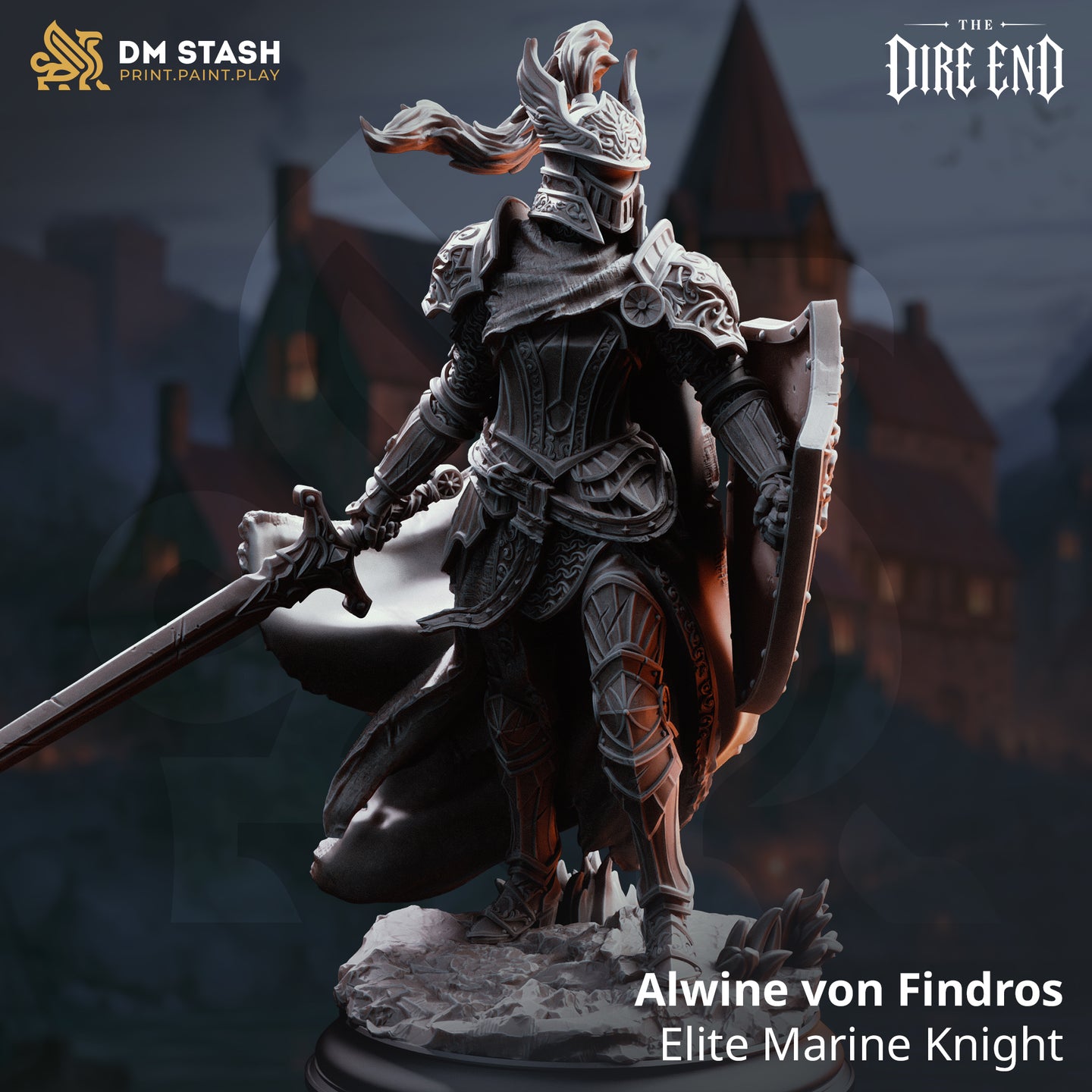 Rear view of Alwine von Findros by DM Stash, showing the full sweep of her travel cloak, back of the engraved heater shield, articulated gauntlet gripping a longsword, rocky sculpted base.