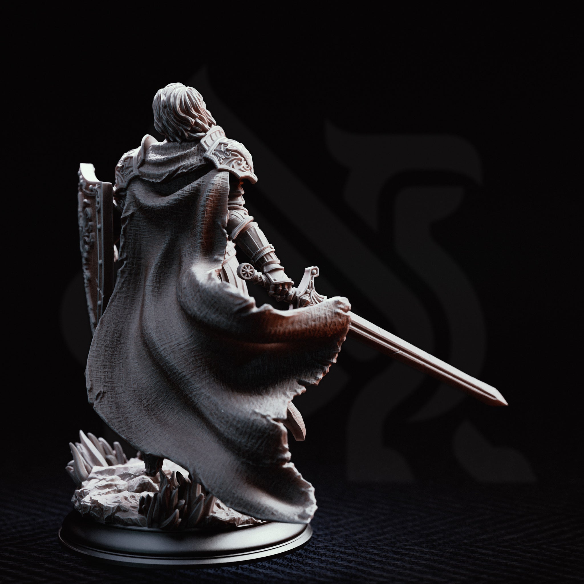 Alwine von Findros elite marine knight miniature by DM Stash, striding forward with longsword extended, ornate full plate with swept helm plume and billowing cloak, rocky base.