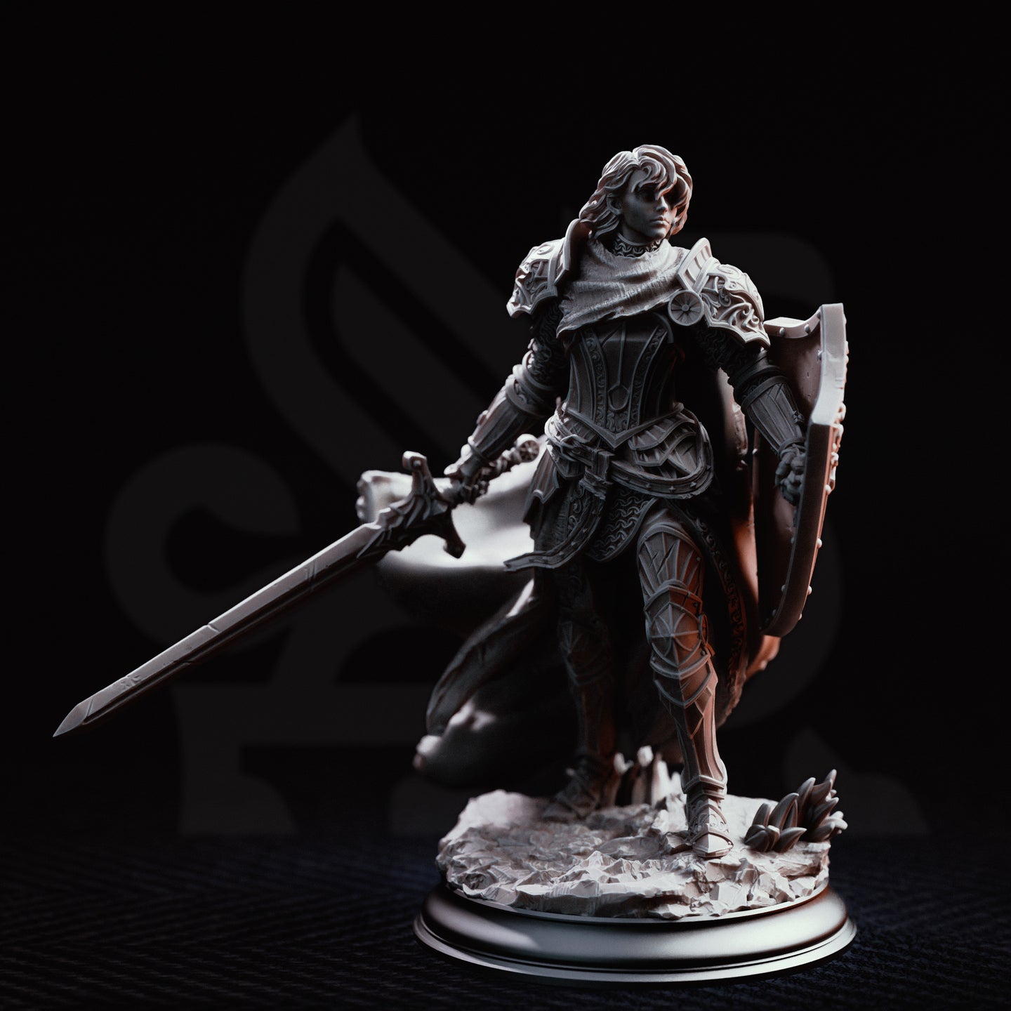 Female knight miniature by DM Stash, longsword held at the ready in armoured gauntlet, engraved breastplate and corset armour detail visible, heater shield at her left side, flowing cloak.