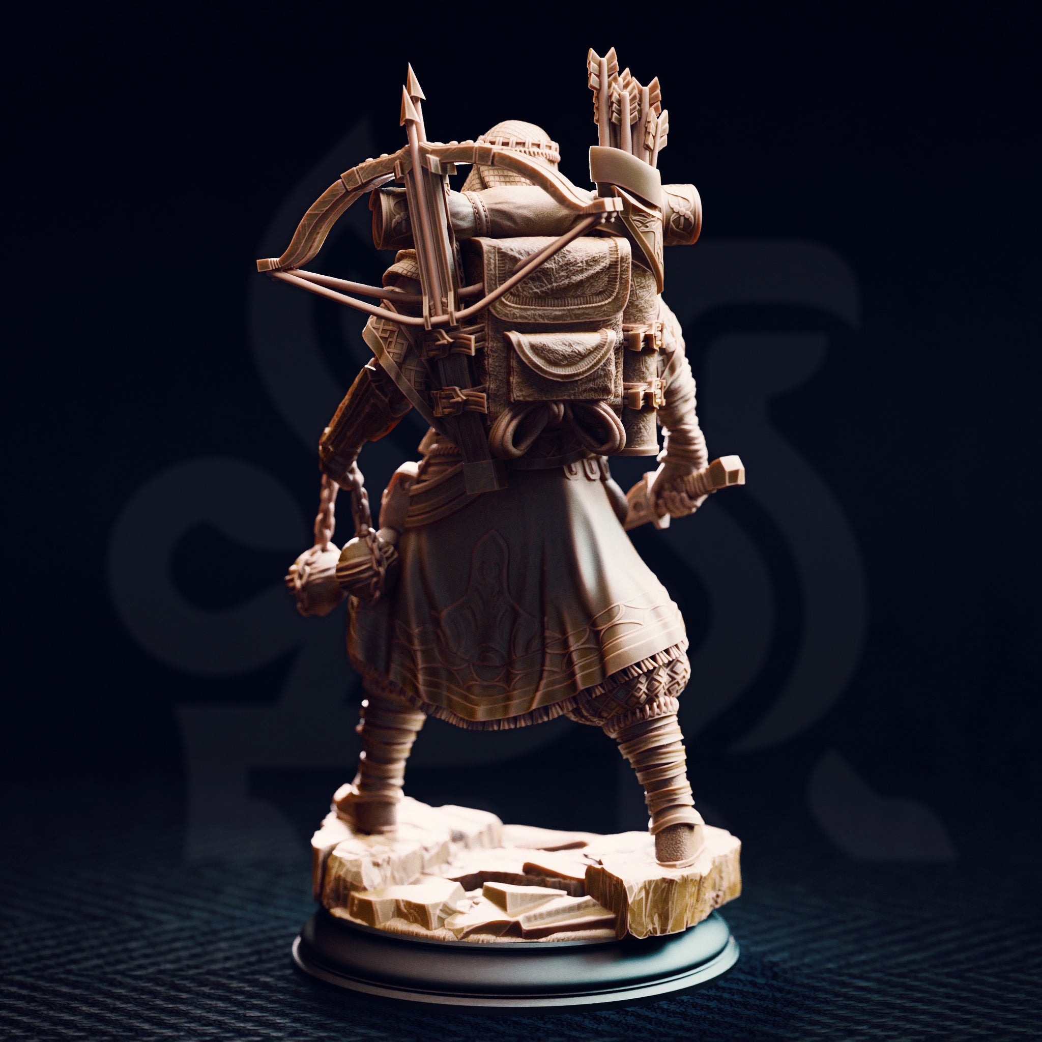 Rear view of the Anatolius of the Far Sands miniature showing a large travel pack, compound bow mounted across his back, a full quiver of arrows, engraved knotwork on his lower armour and skirt panel, and a spiked flail hanging at his side