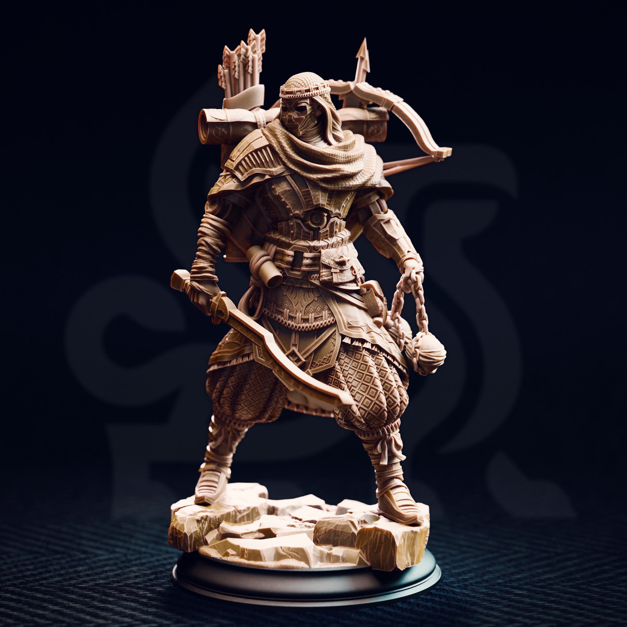 Front view of an unpainted 32mm resin miniature of Anatolius of the Far Sands — a desert ranger in layered armour and wrapped headscarf, wielding a spiked flail chain, with a bow and quiver visible over his shoulder, posed on a cracked stone base