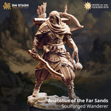 Digital render of Anatolius of the Far Sands, a masked Soulforged wanderer miniature in ornate desert armour, holding a spiked flail chain in one hand and a short blade in the other, with a compound bow and quiver of arrows across his back, posed on a rocky scenic base — title card from DM Stash's Elves of the Golden Sun range