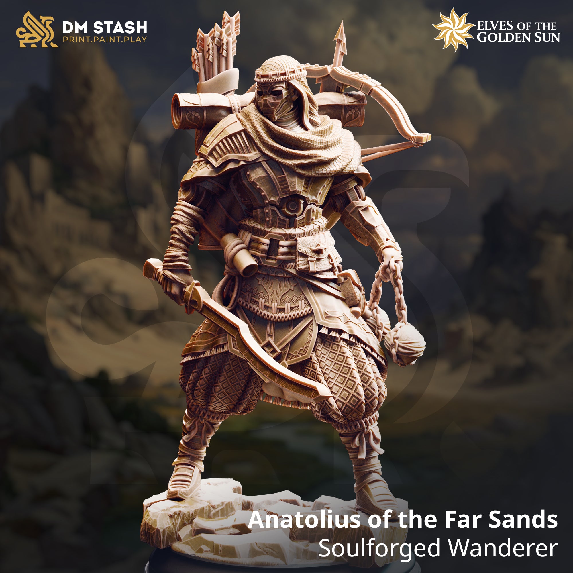 Digital render of Anatolius of the Far Sands, a masked Soulforged wanderer miniature in ornate desert armour, holding a spiked flail chain in one hand and a short blade in the other, with a compound bow and quiver of arrows across his back, posed on a rocky scenic base — title card from DM Stash's Elves of the Golden Sun range