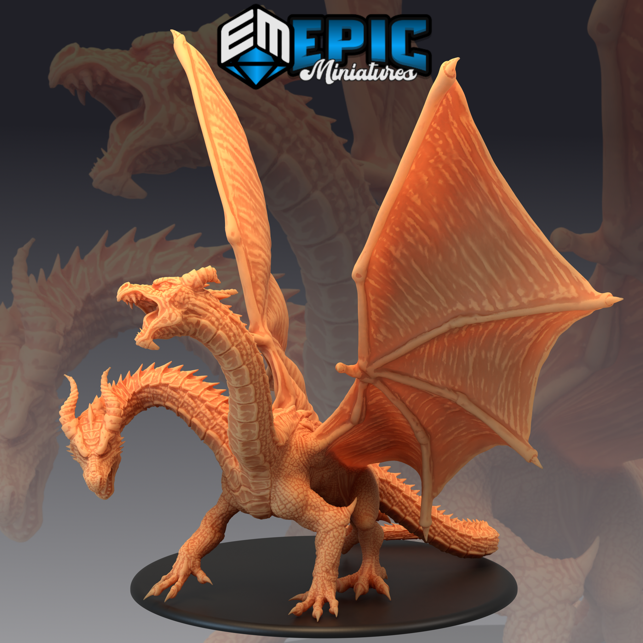 Two-headed dragon miniature standing upright on a round base, both jaws open wide, wings spread wide with detailed vein texture, overlapping scales across chest and spine ridges visible. Sculpt by Epic Miniatures.