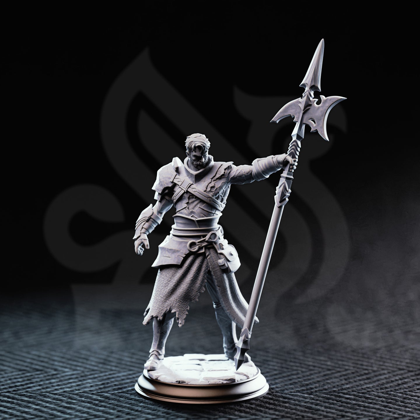 Front view of unpainted grey resin Andrek Strongarm gladiator miniature on a round scenic base — right arm extended holding a spiked glaive with winged axe-blade head, left hand open at his side, wearing battered leather armour with layered shoulder guards and a worn fabric kilt