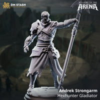 Digital render of Andrek Strongarm Hexhunter Gladiator miniature from DM Stash's Welcome to the Arena collection — unpainted grey resin, 32mm scale, showing the figure in a commanding stance holding a tall glaive aloft in his right hand, wearing cross-strapped leather armour, a ragged linen kilt, and armoured bracers
