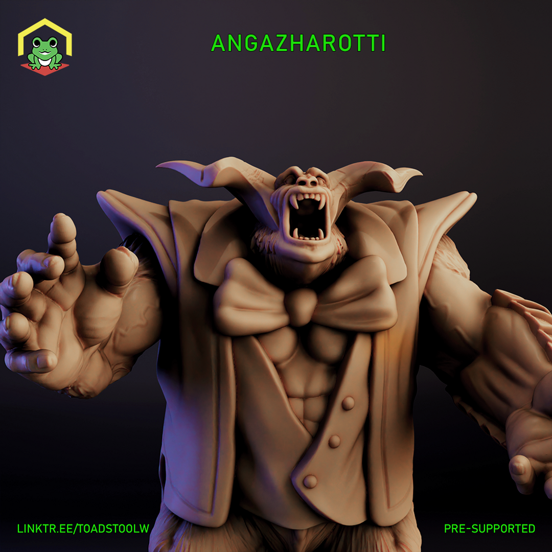Digital render of Angazharotti, a demon lord miniature in 32mm scale — a massively built horned demon wearing a tattered frock coat, mouth open wide in a roaring snarl, one clawed hand reaching forward dramatically. Unpainted render in warm tan tones, shown against a dark background.