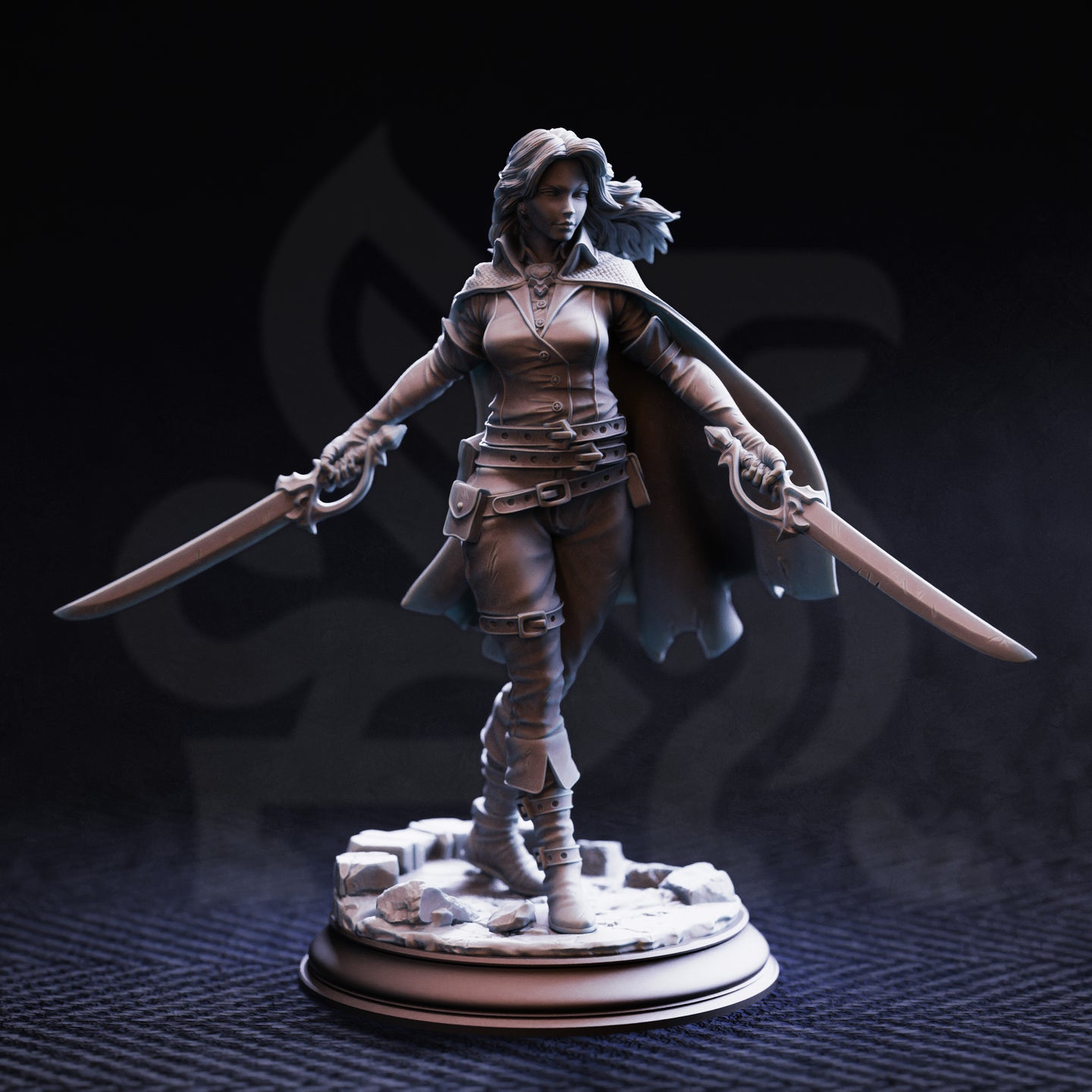 Front view photograph of the printed Angela Cat-Eyes Hardvin rogue duelist miniature in unpainted grey resin, showing fine surface detail on her leather coat, twin longswords, textured belt pouches, and dynamic windswept pose on a scenic rubble base with a black background