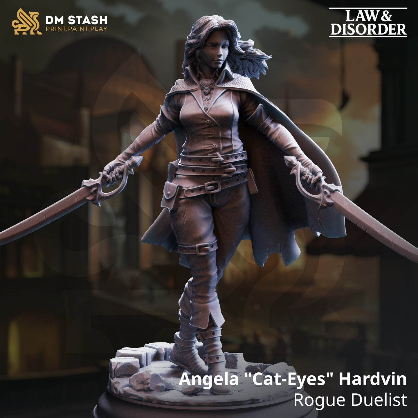 Digital render of Angela Cat-Eyes Hardvin rogue duelist miniature from DM Stash's Law and Disorder collection, showing an unpainted grey sculpt of a female dual-wielding rogue in a wide combat stance, holding two longswords extended outward, wearing a layered leather coat, multiple belt pouches, and buckled boots, with windswept hair and a billowing cape, mounted on a rubble-strewn scenic base