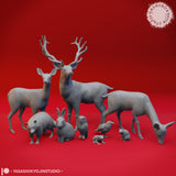 Digital render of a woodland animal miniature bundle showing eight grey unpainted sculpts: a large antlered stag, a grazing doe, a foraging bear, a seated rabbit, a barn owl, a raven, a frog, and a small mouse, arranged together against a red background