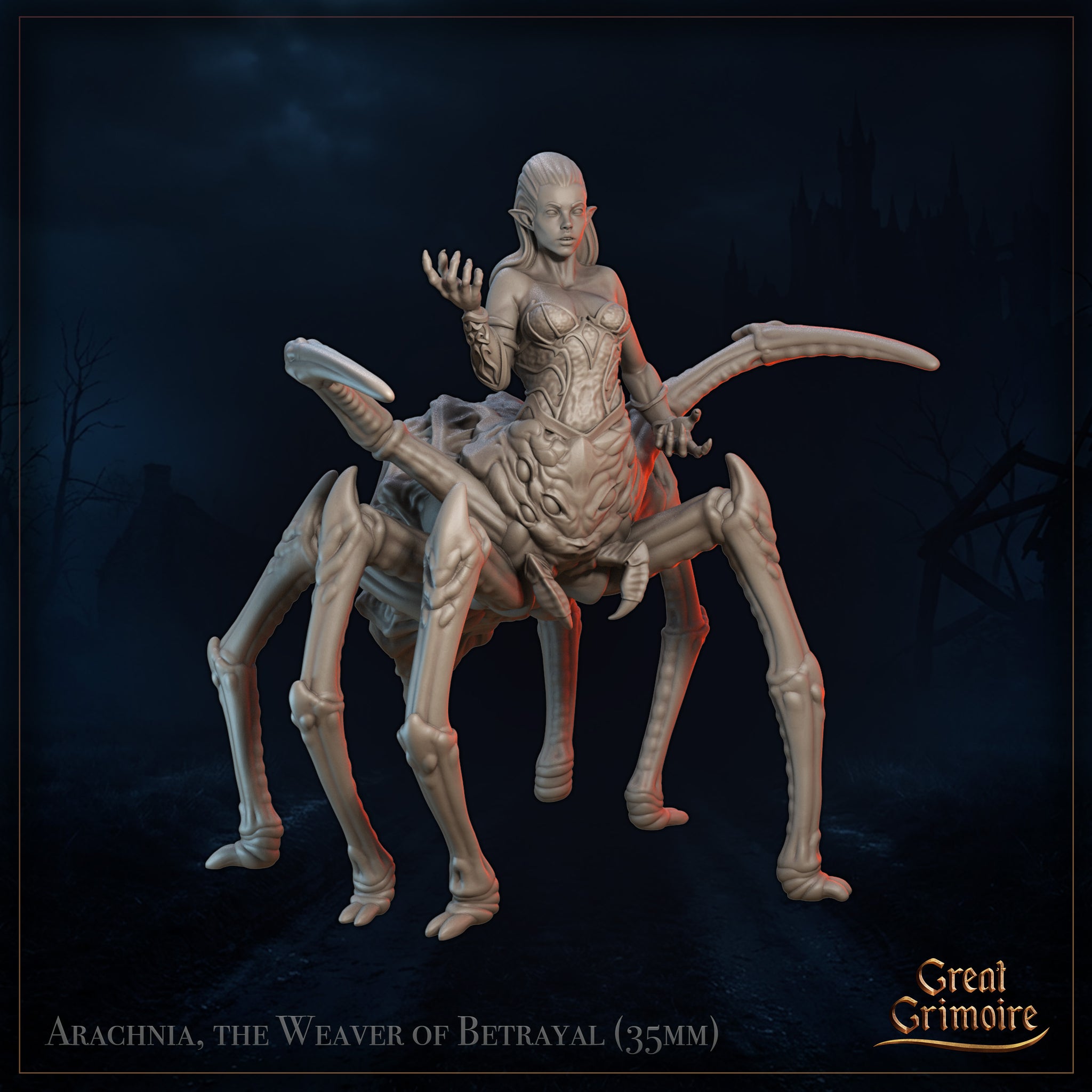 Front view digital render of Arachnia the Weaver of Betrayal miniature — unpainted grey resin, showing an elven female upper body with pointed ears and one hand raised in a gesturing pose, fused to a large eight-legged spider lower body with long curved chelicerae and detailed segmented abdomen