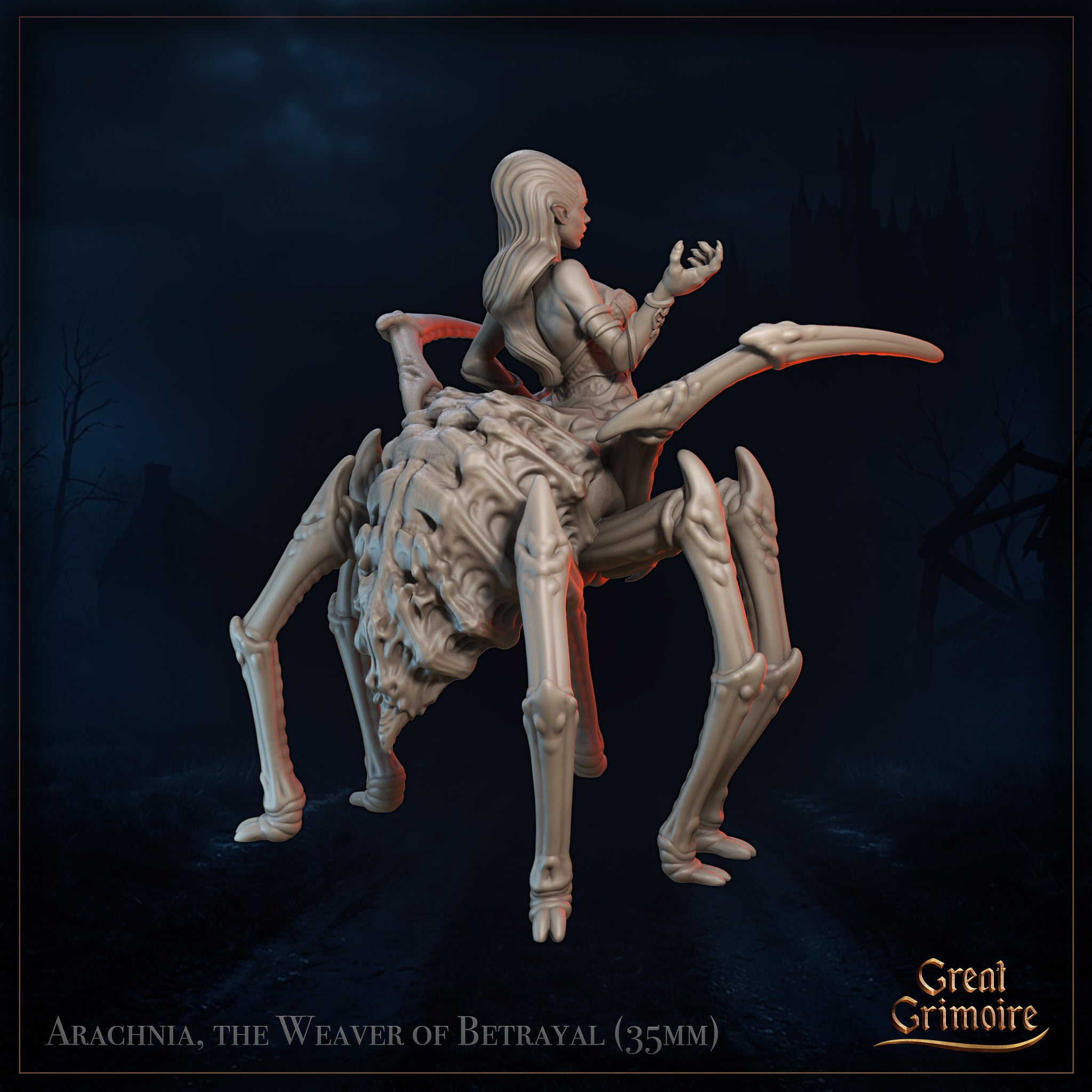 Side and three-quarter rear view digital render of Arachnia miniature — unpainted grey resin, showing the intricately carved organic patterning across the spider abdomen, the flowing hair of the elven upper body, and the raised clawed hand mid-gesture