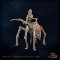 Rear view digital render of Arachnia the Weaver of Betrayal — unpainted grey resin, highlighting the full spread of eight articulated spider legs, ornate detailing across the abdomen, and the elven figure's composed posture atop the spider form