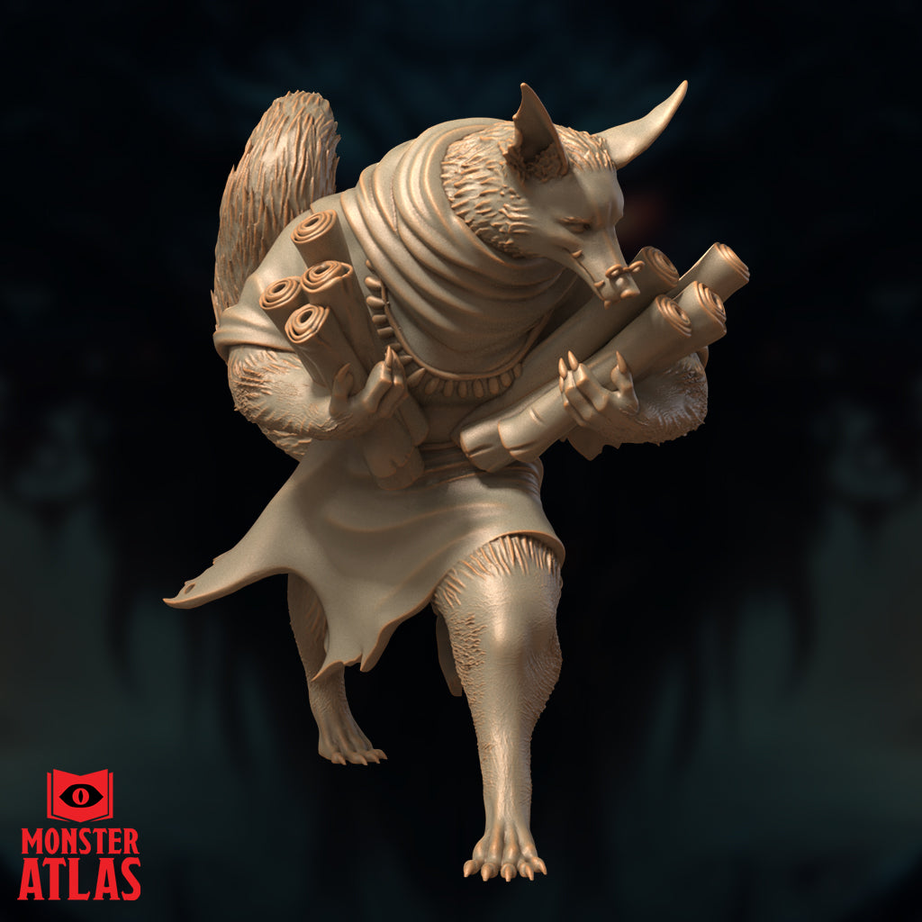 Front-facing view of the Arcanaloth unpainted resin miniature by Monster Atlas, showing the horned fox head lowered attentively, the rolled scrolls bundled tightly in its clawed arms, and the textured fur detail across the body contrasting with the smooth fabric of the cloak