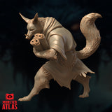 Side and rear three-quarter view of the Arcanaloth unpainted resin miniature by Monster Atlas, highlighting the dramatic sweep of the full bushy tail, the cloak draped over one shoulder, and the fine fur texture across the legs and arms, with the scroll bundle clearly visible from this angle