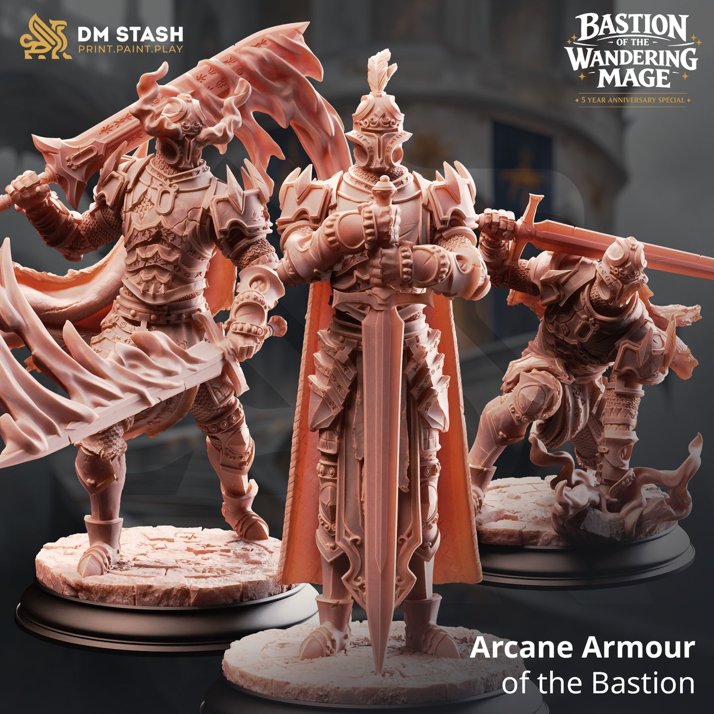Promotional render showing all three Arcane Armour of the Bastion miniatures side by side — left figure mid-stride wielding twin crescent blades with tattered cape, centre figure standing sentinel with a greatsword and feathered helm, right figure in a low aggressive charge with a large blade. Unpainted warm-toned resin. DM Stash Bastion of the Wandering Mage branding visible.