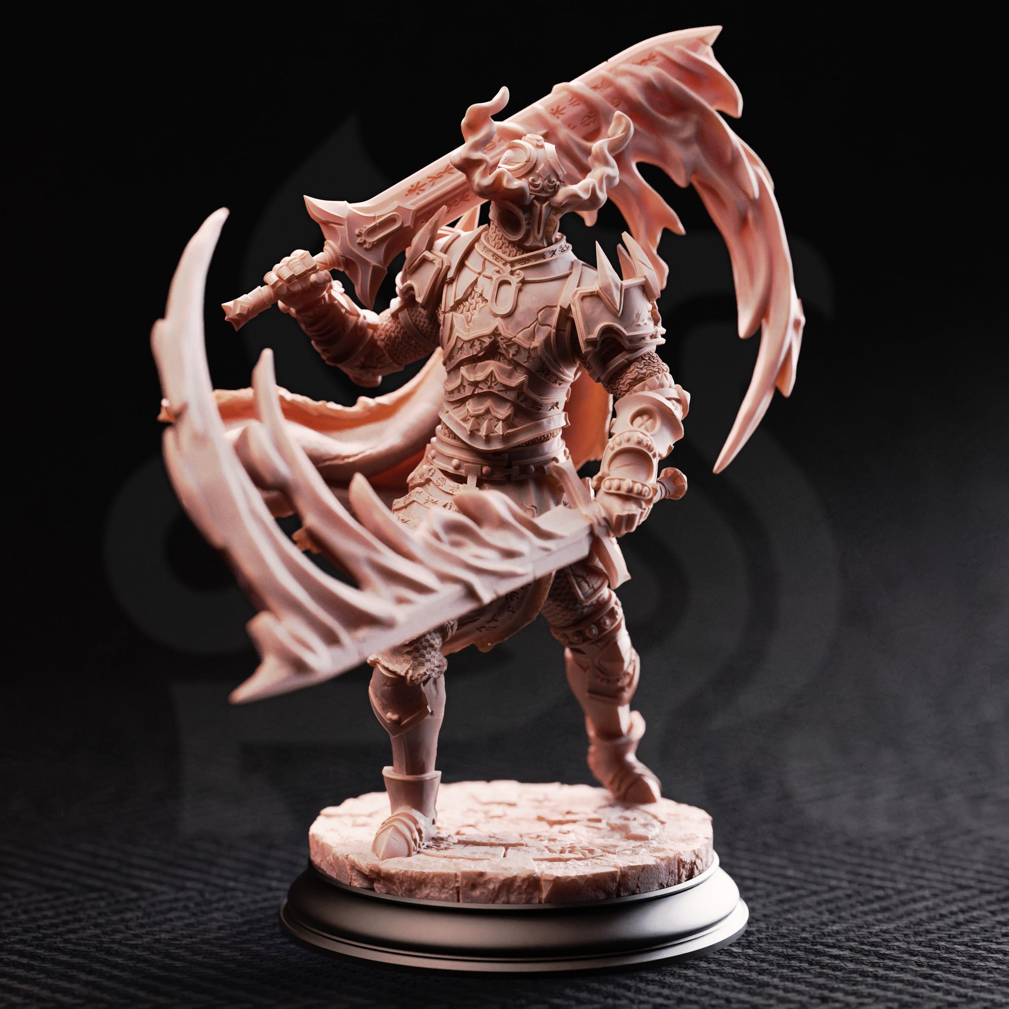 Front view of an unpainted salmon-pink resin miniature of a heavily armoured warrior construct mid-stride, wielding two large serrated scythe-axes swept wide, wearing ornate scale armour with a masked helm and a tattered cape, mounted on a sculpted cobblestone base with a display plinth