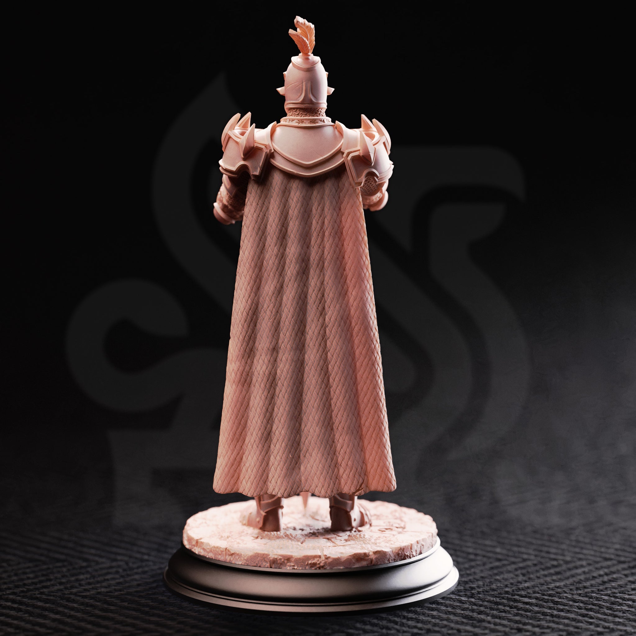 Rear view of the same unpainted resin knight miniature showing the richly detailed woven texture of the full-length cape, layered pauldrons, and plumed great helm, on a textured scenic base with a black display plinth