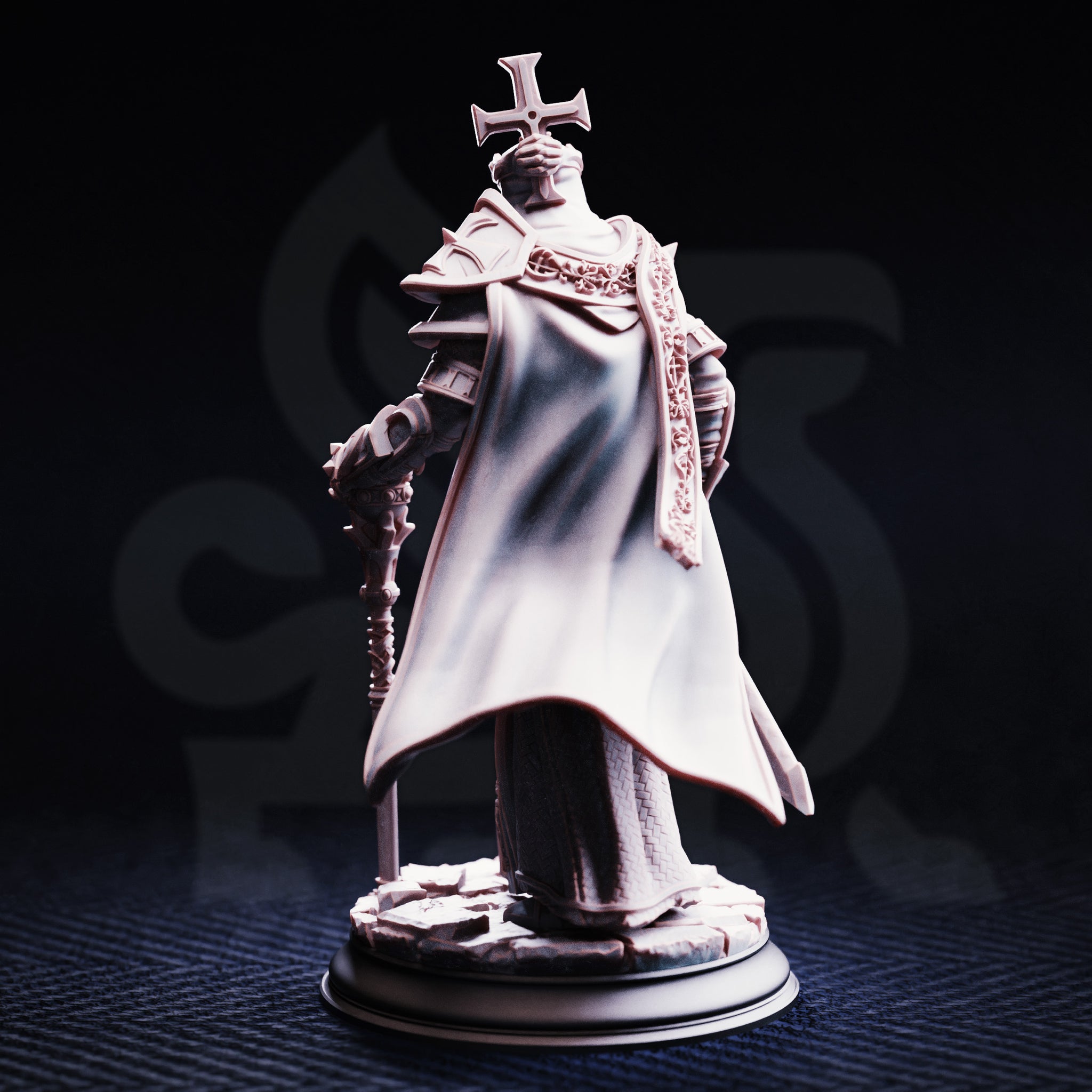 Rear-view photograph of the unpainted Arch Paladin Tyrius III miniature, showing the dramatic sweep of his full-length cloak, the back of his spiked pauldrons, and the detailed rubble base. The reliquary mace staff is visible at his side.