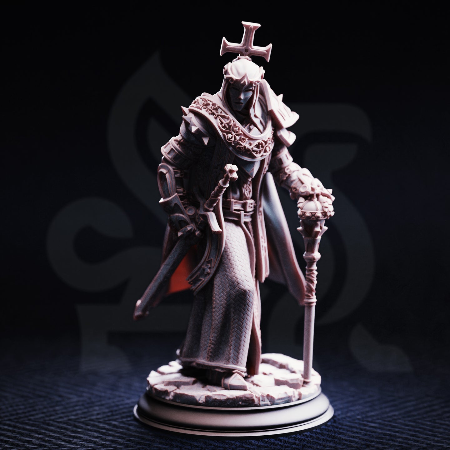 Front-view photograph of the unpainted Arch Paladin Tyrius III miniature against a dark background, showing the full detail of his chainmail robes, decorative stole, spiked pauldrons, cross headpiece, and ornate reliquary mace staff. The rubble base is clearly visible.