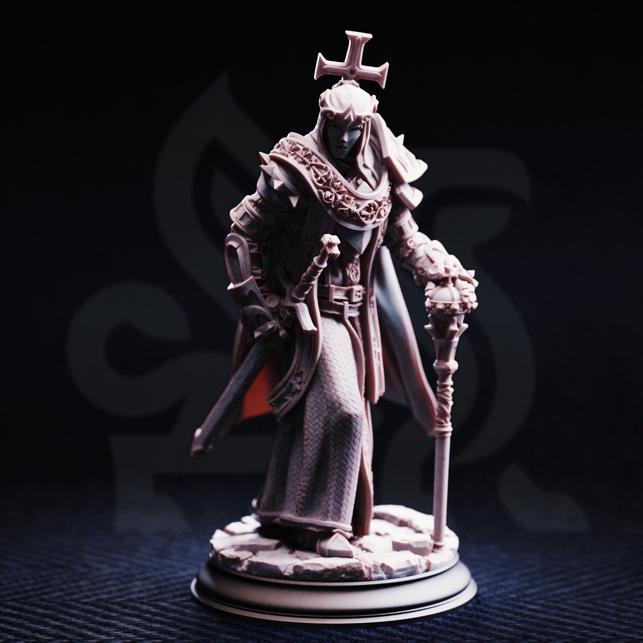 Front-view photograph of the unpainted Arch Paladin Tyrius III miniature against a dark background, showing the full detail of his chainmail robes, decorative stole, spiked pauldrons, cross headpiece, and ornate reliquary mace staff. The rubble base is clearly visible.